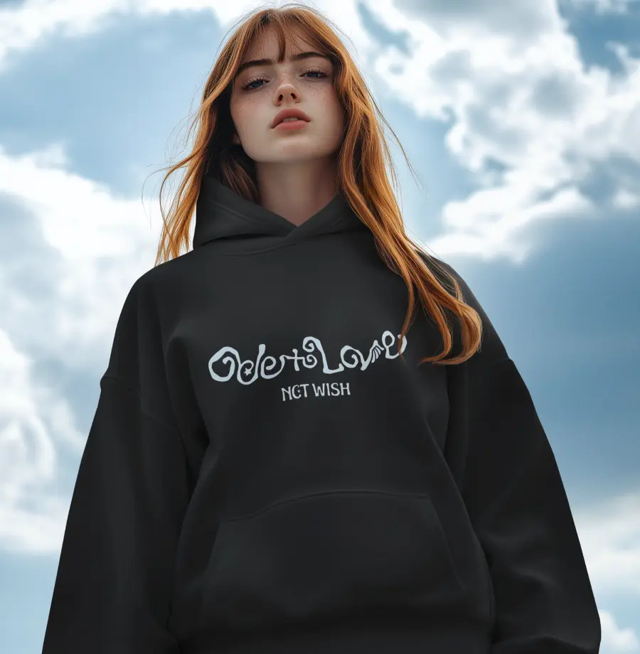 model wearing nct ode to love hoodie